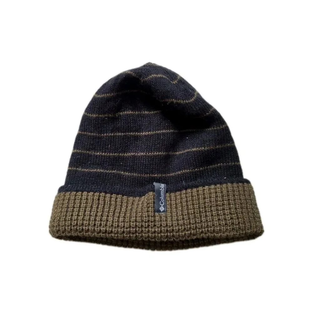 Columbia Reversible Knit Beanie Hat Brown Black Striped Waffle Winter Unisex OS